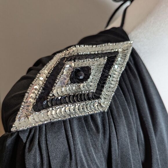 Disco Vintage Variations 80s 70s Dynasty Black Sequin Draped Midi Dress S 6/8 - Picture 5 of 9